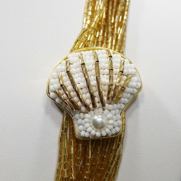 Vintage Talbots Gold Glass Bugle Beaded Necklace White Bead Shell Side Pendant - Picture 2 of 8